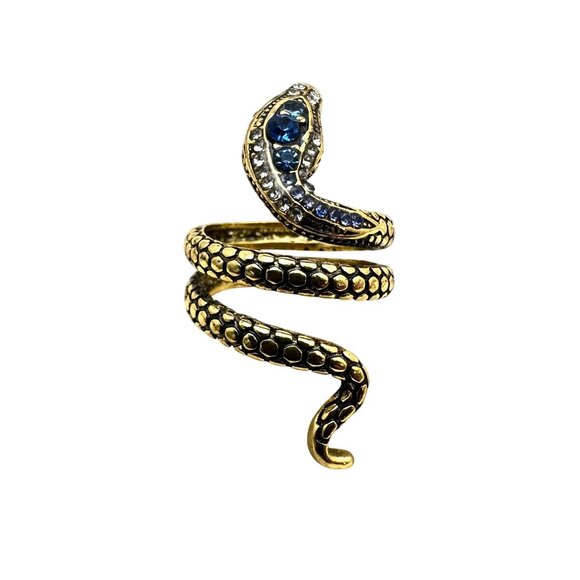 Womens Snake Ring Blue Rhinestone Antiqued Gold Tone Adjustable Vintage Style - Picture 3 of 4